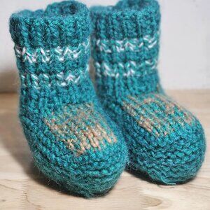 Vintage Hand Knit Wool Toddler Booties - Emerald Green Alpine